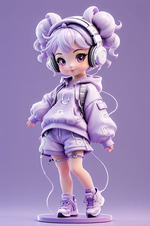 full body,Cute girl,short hair,lilac colour hair,happy,wearing sportswear,Lolita,Music earphones,Side by side,Popmart toy style,lilac colour background,a  large faces, A small body, Working with Macbook Air,3D,blender,c4d,3S material,best quality,8k,HD