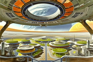 a gouache artist's concept circa 1970's in a futurism style of an interior view of a space habitat on a moon of the planet Jupiter with Jupiter prominently visible through the transparent dome, the habitat is designed as a multi-use home-and-work living space built under a transparent dome, a view of its interior contains such features as hydroponic fields and orchards and fish ponds and laboratories and living spaces for its human inhabitants, a view of the outside through the transparent dome sees self-contained AI factories in orbit around Jupiter mining materials and energy to feed industrialized Jupiter, Vincent Di Fate, John Berkey, Syd Mead, Paolo Soleri