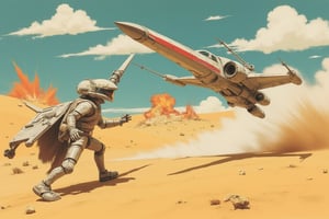 Star Wars spaceships bravely fight each other on the brink of death, with desert and explosions in the background, wreckage left by the battle, Japanese retro style, cartoon, two-dimensional,#cute3