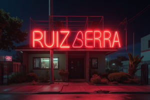 A very big sign board saying ' RUIZ SIERRA " at night,#strsm