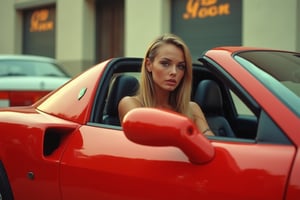 A tall, leggy, blonde, beautiful girl drives up in a Ferrari sports car, stops and then slowly gets out of the door. To see clearly her face, a super-clear quality moving image.,#faceart,#jelly,#neoncreatures,#adamsadra