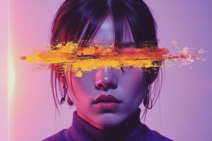 front view, minimalistic portrait of an man with sleek Brown hair, wearing a purple turtleneck in the style of Iris van Herpen, a yellow neon paint brush stroke is covering his face, experimental dark aesthetic style polaroid, dizzy effect, Dramatic lighting, mirrorglass effect, candid photo, fall aesthetic, fine grain, neon colors, neon violet background, ascii, bokeh, pointillism, fresh aesthetic color,#faceart,#jelly