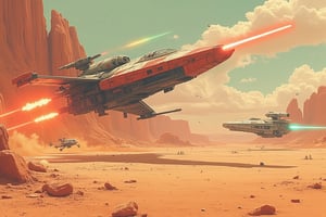 Star Wars spaceships bravely fight each other on the brink of death, with desert and explosions in the background, wreckage left by the battle, Japanese retro style, cartoon, two-dimensional,#pnkpank