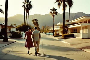 A serene Palm Springs evening unfolds as a stylish couple, dressed in chic 1950s attire, strolls hand-in-hand along the iconic Palm Canyon Drive. Soft golden light casts long shadows on the pavement, while sleek, low-rise buildings and lush greenery create a vibrant backdrop. The warm glow of streetlights and neon signs adds a touch of retro glamour.