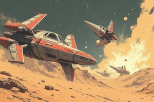 Star Wars spaceships bravely fight each other on the brink of death, with desert and explosions in the background, wreckage left by the battle, Japanese retro style, cartoon, two-dimensional,#alienmono