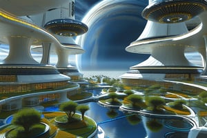 In this 1970s futurist vision, a space habitat on Jupiter's moon thrives under a transparent dome. The interior reveals a harmonious blend of hydroponic fields, orchards, fish ponds, and laboratories, surrounded by cozy living spaces for the human inhabitants. Outside, the dome offers a breathtaking view of Jupiter's majestic prominence. Self-contained AI factories orbit above, mining materials and energy to fuel industrialized Jupiter. Vincent Di Fate-inspired hues of blue and silver illuminate the scene, while John Berkey-esque textures add depth. Syd Mead's futuristic flair is evident in the habitat's sleek architecture, reminiscent of Paolo Soleri's Arcology concepts.