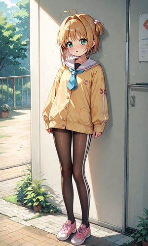 The cute short anime girl wears black matte silk tights. full body image,score_9,score_8_up,score_7_up,source_anime,BREAK,Kinomoto_Sakura