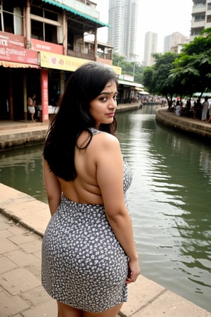 She's a charming Mumbai-based Indian girl, around 28 years old, working as a fashion model. With a delightful round face and cheeks resembling those of a doll, she has long, silky black hair cascading down her back. Standing at approximately 5 feet 4 inches, she carries a slightly plump yet endearing figure, accentuated by her naturally curvy 36-40-36 frame. Her attire usually consists of stylish Frock, reflecting the trendy Mumbai street fashion scene. Her background intertwines with the lake vibrant essence of Mumbai's urban lifestyle, adding depth to her character.,vendi,Indian