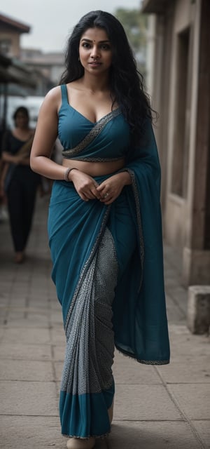 Beautiful indian woman, wear blue saree, Black long hair, walking in market place 