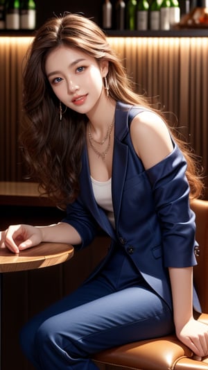 full body, 18 years old, 1 girl, beautiful Korean girl, office suit, high heeds, sitting at table in the fancy night bar, solo, {beautifully detailed eyes}, blue eyes, calm expression, delicate features, ((model pose)), attractive figure, (brown hair: 1.2), knotted hair, waist Upper hair, curly hair, very long hair, simple small necklace, earrings, thin particles, real hands, masterpiece, top quality, 16k, photorealistic, super detailed, finely detailed, high resolution, perfect dynamic beautiful composition, beautifully detailed eyes, relaxed, sharp focus, full body, cowboy shot, nice smile, teeth,