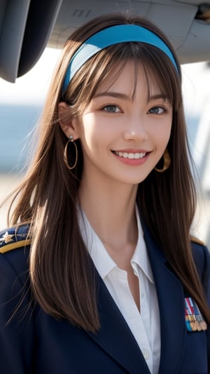 One girl, solo, long hair, looking at the viewer, teeth, smile, bangs, brown hair, realistic, tight uniform, navy uniform, military jacket, aircraft carrier deck, sea, upper body, next to a fighter jet Standing, realistic, middle of the chest, earrings, blue eyes, lips, ribbon headband, lips, ribbon, realistic, open lips, looks good in a fighter jet, 18 years old, has a nice smile,