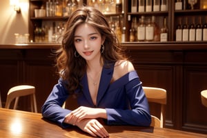 full body, 18 years old, 1 girl, beautiful Korean girl, office suit, high heeds, sitting at table in the fancy night bar, solo, {beautifully detailed eyes}, blue eyes, calm expression, delicate features, ((model pose)), attractive figure, (brown hair: 1.2), knotted hair, waist Upper hair, curly hair, very long hair, simple small necklace, earrings, thin particles, real hands, masterpiece, top quality, 16k, photorealistic, super detailed, finely detailed, high resolution, perfect dynamic beautiful composition, beautifully detailed eyes, relaxed, sharp focus, full body, cowboy shot, nice smile, teeth,