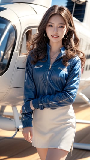 Helicopter, combat helicopter, helicopter, 18 years old, 1 girl, beautiful Korean girl, helicopter pilot, pilot suit (white uniform), white pilot jacket, white tight skirt, combat boots, standing nearby helicopter, solo, {beautifully detailed eyes}, blue eyes, calm expression, delicate features, ((model pose)), attractive figure, (brown hair: 1.2), knotted hair, waist Upper hair, curly hair, very long hair, simple small necklace, earrings, thin particles, real hands, masterpiece, top quality, 16k, photorealistic, super detailed, finely detailed, high resolution, perfect dynamic beautiful composition, beautifully detailed eyes, relaxed, sharp focus, full body, cowboy shot, nice smile, teeth,