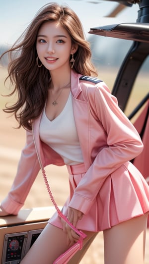 Helicopter, combat helicopter, helicopter, 18 years old, 1 girl, beautiful Korean girl, helicopter pilot, pilot suit (pink uniform), pilot jacket, pink tight skirt, high heels standing nearby helicopter, solo, {beautifully detailed eyes}, blue eyes, calm expression, delicate features, ((model pose)), attractive figure, (brown hair: 1.2), knotted hair, waist Upper hair, curly hair, very long hair, simple small necklace, earrings, thin particles, real hands, masterpiece, top quality, 16k, photorealistic, super detailed, finely detailed, high resolution, perfect dynamic beautiful composition, beautifully detailed eyes, relaxed, sharp focus, full body, cowboy shot, nice smile, teeth,