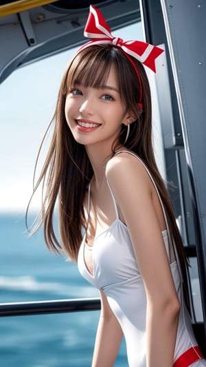 One girl, solo, long hair, looking at the viewer, teeth, smile, bangs, brown hair, realistic, white swimwear, high heels, aircraft carrier deck, sea, upper body, next to a fighter jet Standing, realistic, middle of the chest, earrings, blue eyes, lips, ribbon headband, lips, ribbon, realistic, open lips, looks good in a fighter jet, 18 years old, has a nice smile,