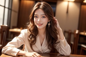 full body, 18 years old, 1 girl, beautiful Korean girl, office suit, high heeds, sitting at table in the fancy restaurant, solo, {beautifully detailed eyes}, blue eyes, calm expression, delicate features, ((model pose)), attractive figure, (brown hair: 1.2), knotted hair, waist Upper hair, curly hair, very long hair, simple small necklace, earrings, thin particles, real hands, masterpiece, top quality, 16k, photorealistic, super detailed, finely detailed, high resolution, perfect dynamic beautiful composition, beautifully detailed eyes, relaxed, sharp focus, full body, cowboy shot, nice smile, teeth,