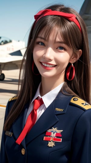 One girl, solo, long hair, looking at the viewer, teeth, smile, bangs, brown hair, realistic, tight uniform, navy uniform, military jacket, aircraft carrier deck, sea, upper body, next to a fighter jet Standing, realistic, middle of the chest, earrings, blue eyes, lips, ribbon headband, lips, ribbon, realistic, open lips, looks good in a fighter jet, 18 years old, has a nice smile,