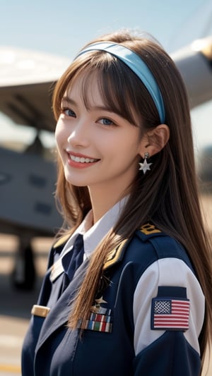 One girl, solo, long hair, looking at the viewer, teeth, smile, bangs, brown hair, realistic, tight uniform, navy uniform, military jacket, aircraft carrier deck, sea, upper body, next to a fighter jet Standing, realistic, middle of the chest, earrings, blue eyes, lips, ribbon headband, lips, ribbon, realistic, open lips, looks good in a fighter jet, 18 years old, has a nice smile,