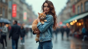 A striking woman standing full-length with her legs clearly visible. She is wearing a stylish fitted denim jacket combined with fashionable skinny jeans, emphasizing her long legs. The woman is cradling a fluffy cat to her chest, gently hugging it with both hands. She holds herself confidently, slightly putting one leg forward, which gives the image dynamism. Her long hair flows freely in soft waves, catching the light. She has a relaxed but captivating expression, and subtle makeup emphasizes her natural beauty. Casual yet chic shoes complete her outfit. The cat lies calm and relaxed in her arms, its soft fur contrasting with the denim fabric. The background is created outdoors, perhaps in a busy city or a picturesque park, and the soft lighting emphasizes the woman's figure and creates a visually bright and attractive composition. It's cloudy, it's raining
