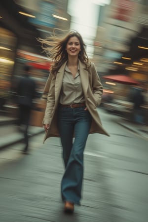 Asia women candid on street ,full body , walking confidently, smile, natural light , motion blur , low angle shot