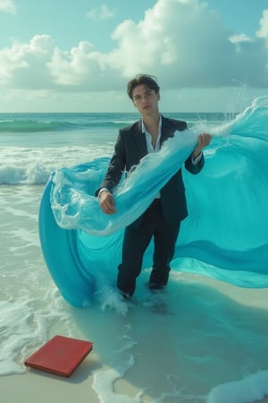 A young man in an elegant black suit stands on a white sandy beach, grab a vivid blue surf that flows seamlessly into the ocean waves as if part of the water. He grab and lifts the surf like it is fabric at his chest level, revealing some hidden partially scene beneath the surf is the smooth sand and red book was placed on it, cinematic lighting, vibrant colors, highly realistic surf textures, dramatic composition, dreamlike surrealism