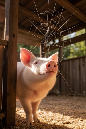 A realistic, cinematic-style scene of a happy pink piglet in a roofed barn. The piglet is playfully hiding behind a wooden post, peeking out with a joyful smile. Above its head is a large open space between the ground and the wooden beams, where a giant spider web is stretched. In the center of the web, the word 'Miracle' is roughly woven by spider . A black spider is descending near the piglet, as if interacting with it. The scene is set in the warm morning light, creating a cheerful atmosphere. The composition highlights a magical, whimsical friendship between the piglet and the spider, with a surreal, wondrous tone