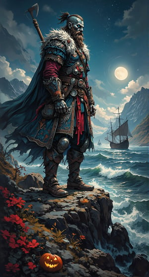 Masterpiece, graffiti artwork, extreme creepy halloween theme by ZloyOrk style, high quality. Extreme detailed character. A mighty Viking warrior stands tall on the edge of a fjord, his full-body fur cloak billowing in the wind as he gazes out at the rough seas. Dramatic lighting casts a heroic shadow across his bearded face, his piercing blue eyes burning with bravery. He wears battle attire, axe at the ready, as if preparing to launch into an adventurous journey on the legendary Viking longship sailing in the background. The dark sky above is dotted with stars, and the earthy tones of the surrounding landscape evoke a sense of mysticism. In this powerful scene, the strong frame of the warrior serves as a testament to his courage and valor, as he embodies the values of his ancient Norse culture. Everything is surrounded by a pessimistic air.