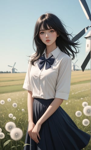 score_9, score_8_up, score_7_up, score_6_up, Exquisite details, a perfect figure of a girl, long black hair,looking at the viewer,(beautiful hands),bangs, melancholy,detailed eyes,black school uniform,floating skirt,field,clody sky,windmill,windy,dynamic hair,hold dandelion