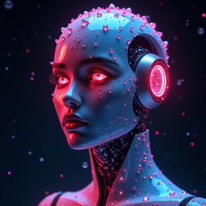 Robot head, made from shiny translucent diamonds, beautiful woman, ruby eyes, bright neon stars and constellations background,
High quality, highly detailed, colorful lighting, 
((Score_9, score_8_up, photorealistic, source_photo:1.4 ))