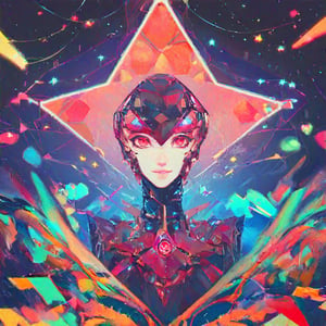 Robot head, made from shiny diamonds, beautiful woman, ruby eyes, bright neon stars and constellations background,
High quality, highly detailed, colorful lighting, 
Score_9, score_8_up, 