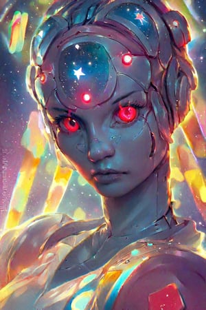 Robot head, made from shiny diamonds, beautiful woman, ruby eyes, bright neon stars and constellations background,
High quality, highly detailed, colorful lighting, 
Score_9, score_8_up, photorealistic, source_photo, 