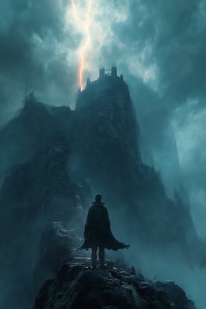 A dramatic, atmospheric shot of LOGO features a colossal, decrepit fortress precariously situated atop a rugged mountain peak, shrouded by ominous, churning storm clouds. A brilliant lightning strike casts deep shadows across the weathered stone walls, as howling winds reverberate through the deserted halls. Amidst the turmoil, a solitary figure stands resolute on the battlements, their flowing cape dramatically sweeping in the tempestuous gusts, rendered in bold, vivid hues.