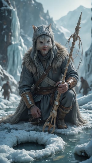 A Malamute Fisher, whose head is dog-like but with a human-like body, in the frozen waters of The Frostbound Expanse. He is dressed in a thick, waterproof coat made of sealskin, stitched together with sinew, and lined with the fur of snow hares for insulation. The coat’s hood is pulled up, its fur-trimmed edge shielding his face from the biting wind. Beneath the coat, he wears a layer of woolen tunic and trousers, both dyed a deep gray to blend with the icy surroundings. His gloves, crafted from the hide of frost elks, are fingerless, allowing his claws to grip tightly while keeping his hands warm. His boots are made from layered reindeer hide, with soles reinforced by iron nails for traction on the ice. Around his waist, he carries a leather belt with several pouches containing small tools, bait, and bone-carved fishhooks. He is holding an intricately carved fishing spear, its shaft made from the bone of an ice dragon’s rib. The spear is reinforced with iron bands along its length and has a detachable, serrated ice crystal tip, enchanted to resist shattering upon impact with the hard ice. The tip glows faintly, guiding him to fish beneath the surface. Along the shaft, leather straps are tied, providing grip and flexibility when casting. The other end of the spear features a hook attachment for retrieving caught fish from below the ice. He also carries a circular net made from braided sinew and embedded with small bone weights, designed to be thrown over holes in the ice to ensnare larger catches.

The frozen lake stretches out, surrounded by jagged ice formations and distant, snow-covered mountain ranges. The ice glows with a pale blue hue where the light pierces through, revealing the depths below. Cracks spiderweb across the surface, marking the places where he has drilled holes with his tools. Small mounds of snow and broken ice surround each hole, evidence of his patient work. He crouches at the edge of a freshly drilled hole, his breath visible in the frigid air. Carefully, he lowers the net into the opening, his eyes focused on the movement below the surface. The spear is positioned beside him, ready for action. He feels a tug and, with a swift motion, he pulls the net up, revealing a thrashing fish with glimmering scales. With practiced ease, he plunges the spear into the fish, securing his catch. He shifts to another hole, his movements quick and precise, the spear and net working in tandem as he moves from spot to spot, catching and preparing each fish. Despite the cold, his determination is evident, his eyes never leaving the water, as he continues his hunt through the ice-covered lake. His expression is one of intense concentration, eyes squinted against the glare of the ice, ears pinned back to listen for any subtle sounds beneath the surface. His brows are furrowed, showing his focus and determination as he pulls fish after fish from the icy depths. Despite the harsh conditions, there’s a sense of calm in his gaze, a quiet confidence as he works, lips slightly parted, breath coming out in short, steady puffs of vapor.