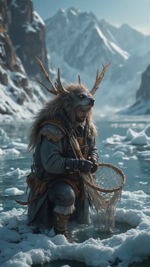 A Malamute Fisher, whose head is dog-like but with a human-like body, in the frozen waters of The Frostbound Expanse. He is dressed in a thick, waterproof coat made of sealskin, stitched together with sinew, and lined with the fur of snow hares for insulation. The coat’s hood is pulled up, its fur-trimmed edge shielding his face from the biting wind. Beneath the coat, he wears a layer of woolen tunic and trousers, both dyed a deep gray to blend with the icy surroundings. His gloves, crafted from the hide of frost elks, are fingerless, allowing his claws to grip tightly while keeping his hands warm. His boots are made from layered reindeer hide, with soles reinforced by iron nails for traction on the ice. Around his waist, he carries a leather belt with several pouches containing small tools, bait, and bone-carved fishhooks.

He is holding an intricately carved fishing spear, its shaft made from the bone of an ice dragon’s rib. The spear is reinforced with iron bands along its length and has a detachable, serrated ice crystal tip, enchanted to resist shattering upon impact with the hard ice. The tip glows faintly, guiding him to fish beneath the surface. Along the shaft, leather straps are tied, providing grip and flexibility when casting. The other end of the spear features a hook attachment for retrieving caught fish from below the ice. He also carries a circular net made from braided sinew and embedded with small bone weights, designed to be thrown over holes in the ice to ensnare larger catches.

The frozen lake stretches out, surrounded by jagged ice formations and distant, snow-covered mountain ranges. The ice glows with a pale blue hue where the light pierces through, revealing the depths below. Cracks spiderweb across the surface, marking the places where he has drilled holes with his tools. Small mounds of snow and broken ice surround each hole, evidence of his patient work.

He crouches at the edge of a freshly drilled hole, his breath visible in the frigid air. Carefully, he lowers the net into the opening, his eyes focused on the movement below the surface. The spear is positioned beside him, ready for action. He feels a tug and, with a swift motion, he pulls the net up, revealing a thrashing fish with glimmering scales. With practiced ease, he plunges the spear into the fish, securing his catch. He shifts to another hole, his movements quick and precise, the spear and net working in tandem as he moves from spot to spot, catching and preparing each fish. Despite the cold, his determination is evident, his eyes never leaving the water, as he continues his hunt through the ice-covered lake.

His expression is one of intense concentration, eyes squinted against the glare of the ice, ears pinned back to listen for any subtle sounds beneath the surface. His brows are furrowed, showing his focus and determination as he pulls fish after fish from the icy depths. Despite the harsh conditions, there’s a sense of calm in his gaze, a quiet confidence as he works, lips slightly parted, breath coming out in short, steady puffs of vapor.