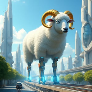 Create a highly detailed futuristic fantasy image, featuring a huge mechanical sheep with golden horns and glowing blue eyes. The sheep has a highly detailed white furry body and mechanical legs with blue energy flowing through them. Set against a backdrop of a futuristic landscape with an advanced transportation system, there are skyscrapers with modern and unique architectural designs, featuring a variety of innovative shapes and textures. These buildings should have glass that reflects light, adding to the futuristic effect. The sky above was bright blue with a few thin white clouds hanging low, creating the atmosphere of a sunny day. Add small elements like green trees around the tracks, a clean, modern road beneath them, and some pedestrians or other vehicles to liven up the scene. Shadow and lighting details must be considered to provide a realistic three-dimensional impression. The overall atmosphere should show future technological and architectural advancements in a harmonious and beautiful way,