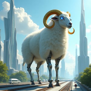 Create a highly detailed futuristic fantasy image, featuring a huge mechanical sheep with golden horns and glowing blue eyes. The sheep has a highly detailed white furry body and mechanical legs with blue energy flowing through them. Set against a backdrop of a futuristic landscape with an advanced transportation system, there are skyscrapers with modern and unique architectural designs, featuring a variety of innovative shapes and textures. These buildings should have glass that reflects light, adding to the futuristic effect. The sky above was bright blue with a few thin white clouds hanging low, creating the atmosphere of a sunny day. Add small elements like green trees around the tracks, a clean, modern road beneath them, and some pedestrians or other vehicles to liven up the scene. Shadow and lighting details must be considered to provide a realistic three-dimensional impression. The overall atmosphere should show future technological and architectural advancements in a harmonious and beautiful way,