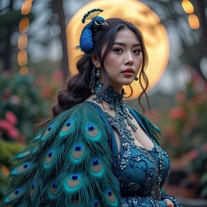 Stunning hyperrealistic photo of a young Asian woman of extraordinary beauty, showing a full body portrait in an outfit designed from intricately detailed peacock feathers and pinnix with hyperrealistic attitude and grace. The woman's skin was smooth and shining, her hair was long and soft wavy. The feather dress is a mix of bright colors, with each feather looking very bright. The background is a beautiful heavenly garden in a dynamic futuristic concept with a mix of modern and futuristic colors, with the feel of night in the light of a beautiful full moon giving a lively and enchanting impression to the whole picture.