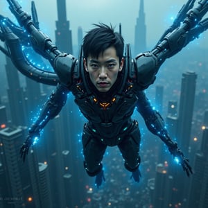 featuring super realistic ultra-HD: a futuristic The face of a handsome young Asian man is clearly visible to further highlight the technological aspect of this design and body xenomorph combination venom figure with a sophisticated mechanical body that has venom wings extending from its back, full body display and blue lightning effects throughout the body. This xenomorph combinatinon venom flies over a sprawling metropolis with towering skyscrapers and bluish tones, suggesting a high-tech urban environment. The xenomorph combination venom body is highly detailed with visible mechanical muscles and glowing blue energy flowing through it, suggesting a blend of organic and synthetic elements. . This image is interesting because it depicts advanced technology integrated in the human form, against the backdrop of a futuristic city, which is relevant for science fiction concepts or discussions about the future of human augmentation.