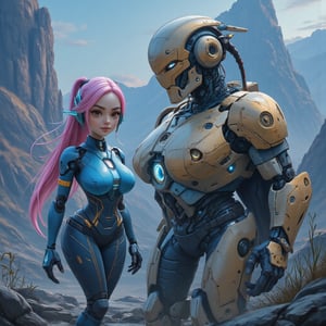 Create a highly detailed image of two characters in a science fiction world. The character on the left is a small Chinese woman with long, free-flowing pink hair. She wore a tight blue and gold outfit that accentuated her athletic and elegant figure. His eyes were sharp, radiating determination and courage. The facial details should be realistic with shadows and lighting that emphasize facial features, such as high cheekbones and defined eyebrows. On the right, there is a very large robot with a futuristic design, equipped with gold and blue armor. This robot has a sturdy build with intricate mechanical details, such as wires and glowing LED lights. The robot's armor parts should have a realistic metal texture with scratches and light glints. The robot is so big that the kid next to it looks small. The background of the image is a natural landscape with a blue and purple twilight sky, giving a calm but mysterious impression. The ground beneath them consists of several large rocks and sparse vegetation, adding a natural element to the scene. The lighting from the evening sky should create long shadows and light reflections on both characters, adding depth and beauty to this image,futurediff, cyborg