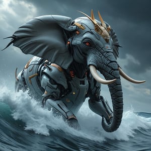 an elephant with very detailed skin texture, long tusks, wearing a crown, wearing a jet on its body, going fast from the middle of the sea, creating huge tsunami waves. The waves split. The sky is dark with a thunderstorm,mechanx,futurediff, cyborg, robot