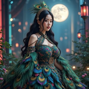 Stunning hyperrealistic photo of a young Asian woman of extraordinary beauty, showing a full body portrait in an outfit designed from intricately detailed peacock feathers and pinnix with hyperrealistic attitude and grace. The woman's skin was smooth and shining, her hair was long and soft wavy. The feather dress is a mix of bright colors, with each feather looking very bright. The background is a beautiful heavenly garden in a dynamic futuristic concept with a mix of modern and futuristic colors, with the feel of night in the light of a beautiful full moon giving a lively and enchanting impression to the whole picture.