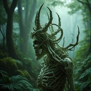 a futuristic male, using a biomechanical theme, standing in the middle of a dense, misty forest. The character wears complex exoskeleton armor, seamlessly combining organic and mechanical elements. The armor had a flowing, fibrous design with a mixed texture of metal and bone, covering his entire body. This woman's head is decorated with intricate horn-like protrusions, giving her a graceful and otherworldly appearance. The background is a dense green forest with tall trees and a misty atmosphere, adding a sense of mystery and depth to the scene. The overall feel should be ethereal and powerful, highlighting the strength and enigmatic presence of these characters.,SKELETON JengLord Terminator cyborg mecha,Halloween2024,Cyborg,Terminator,JengLord,Skeleton,Skeletons