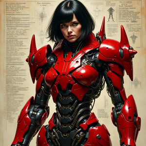 Create a woman with bobbed hair wearing an exoskeleton or mech suit with a complicated and futuristic design. This suit is predominantly red with black and metallic accents, featuring a sharp, angular design and decorated with various advanced mechanical components. The suit is covered in spikes and protrusions, giving it an aggressive, high-tech feel, adding technical details. The backgrounds involve technical texts, diagrams, and sketches, adding a strong sci-fi and technological atmosphere. Describe small details such as the texture of the suit material, light reflections on the metal, and the dramatic feel of the backlighting. These characters are in poses that convey strength and combat readiness, creating a deep and suspenseful impression of future robotics and cybernetic technology