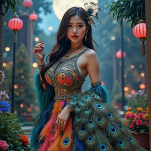 Stunning hyperrealistic photo of a young Asian woman of extraordinary beauty, showing a full body portrait in an outfit designed from intricately detailed peacock feathers and pinnix with hyperrealistic attitude and grace. The woman's skin was smooth and shining, her hair was long and soft wavy. The feather dress is a mix of bright colors, with each feather looking very bright. The background is a beautiful heavenly garden in a dynamic futuristic concept with a mix of modern and futuristic colors, with the feel of night in the light of a beautiful full moon giving a lively and enchanting impression to the whole picture.