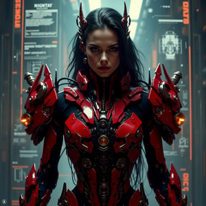 Create a woman with longed hair wearing an exoskeleton or mech suit with a complicated and futuristic design. This suit is predominantly red with black and metallic accents, featuring a sharp, angular design and decorated with various advanced mechanical components. The suit is covered in spikes and protrusions, giving it an aggressive, high-tech feel, adding technical details. The background of the translucent Ai screen involves technical texts, diagrams, and sketches, adding a strong sci-fi and technological atmosphere. Describe small details such as the texture of the suit material, light reflections on the metal, and the dramatic feel of the backlighting. These characters are in poses that convey strength and combat readiness, creating a deep and suspenseful impression of future robotics and cybernetic technology