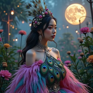 Stunning hyperrealistic photo of a young Asian woman of extraordinary beauty, showing a full body portrait in an outfit designed from intricately detailed peacock feathers and pinnix with hyperrealistic attitude and grace. The woman's skin was smooth and shining, her hair was long and soft wavy. The feather dress is a mix of bright colors, with each feather looking very bright. The background is a beautiful heavenly garden in a dynamic futuristic concept with a mix of modern and futuristic colors, with the feel of night in the light of a beautiful full moon giving a lively and enchanting impression to the whole picture.