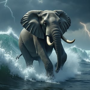 Create a hyper realistic and impressive image of a huge elephant rising from the sea with great power. This elephant leaps out of the water, creating a dramatic and majestic spray of water around it. Detail the elephant with realistic skin texture, showing the wrinkles and rough texture of the body. The large elephant tusks are clearly visible, adding to the impression of strength and majesty. His eyes held a look of fear and exhaustion. The background is a large tsunami with very high and violent water waves, giving the impression of a powerful natural force. Large waves with white foam can be seen billowing over the surface of the water, adding to the dramatic effect. The sky above was dark and cloudy with bright flashes of lightning, creating a terrifying stormy atmosphere. The water reflections bouncing off the elephant's body and the spray of water thrown into the air must be carefully considered to add a sense of three-dimensionality and depth to the image. Small details such as individual water droplets, the elephant's shadow on the surface of the water, and the glint of light on its tusks and skin add realism and beauty to this image. The torrent of water from a huge tsunami creates an electrifying and awe-inspiring atmosphere, depicting a combination of the power of nature and the extraordinary power of animals