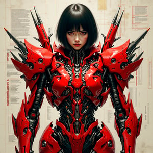 Create a japanese girl with bobbed hair wearing an exoskeleton or mech suit with a complicated and futuristic design. This suit is predominantly red with black and metallic accents, featuring a sharp, angular design and decorated with various advanced mechanical components. The suit is covered in spikes and protrusions, giving it an aggressive, high-tech feel, adding technical details. The backgrounds involve technical texts, diagrams, and sketches, adding a strong sci-fi and technological atmosphere. Describe small details such as the texture of the suit material, light reflections on the metal, and the dramatic feel of the backlighting. These characters are in poses that convey strength and combat readiness, creating a deep and suspenseful impression of future robotics and cybernetic technology