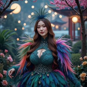 Stunning hyperrealistic photo of a young Asian woman of extraordinary beauty, showing a full body portrait in an outfit designed from intricately detailed peacock feathers and pinnix with hyperrealistic attitude and grace. The woman's skin was smooth and shining, her hair was long and soft wavy. The feather dress is a mix of bright colors, with each feather looking very bright. The background is a beautiful heavenly garden in a dynamic futuristic concept with a mix of modern and futuristic colors, with the feel of night in the light of a beautiful full moon giving a lively and enchanting impression to the whole picture.