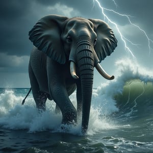 Create a hyper realistic and impressive image of a huge elephant rising from the sea with great power. This elephant leaps out of the water, creating a dramatic and majestic spray of water around it. Detail the elephant with realistic skin texture, showing the wrinkles and rough texture of the body. The large elephant tusks are clearly visible, adding to the impression of strength and majesty. His eyes held a look of fear and exhaustion. The background is a large tsunami with very high and violent water waves, giving the impression of a powerful natural force. Large waves with white foam can be seen billowing over the surface of the water, adding to the dramatic effect. The sky above was dark and cloudy with bright flashes of lightning, creating a terrifying stormy atmosphere. The water reflections bouncing off the elephant's body and the spray of water thrown into the air must be carefully considered to add a sense of three-dimensionality and depth to the image. Small details such as individual water droplets, the elephant's shadow on the surface of the water, and the glint of light on its tusks and skin add realism and beauty to this image. The torrent of water from a huge tsunami creates an electrifying and awe-inspiring atmosphere, depicting a combination of the power of nature and the extraordinary power of animals